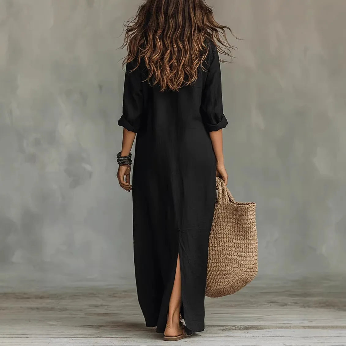 Amara Cotton Linen Shirt Maxi Dress – Turn-Down Collar Long-Sleeve Loose Flowy Silhouette