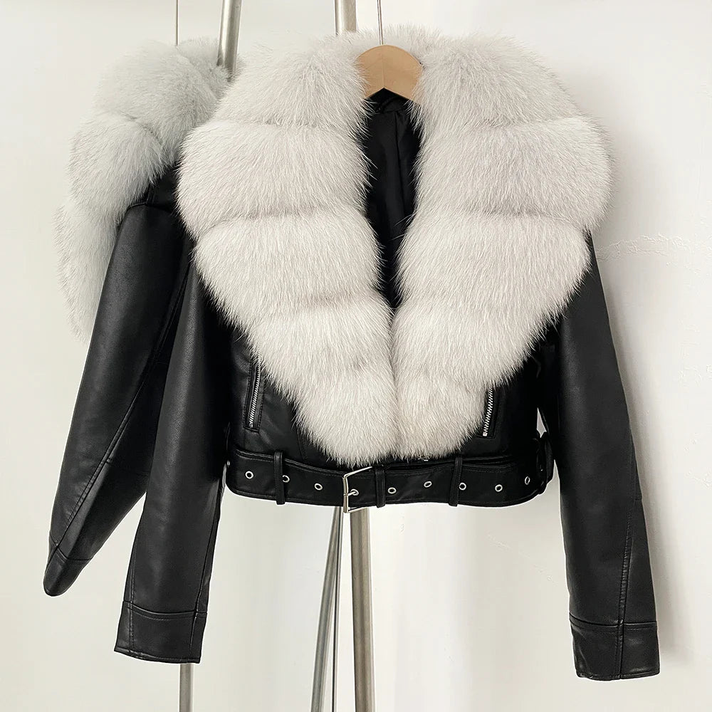 Maybelyn Women’s Leather Jacket – Patent Finish with Faux Fox Collar