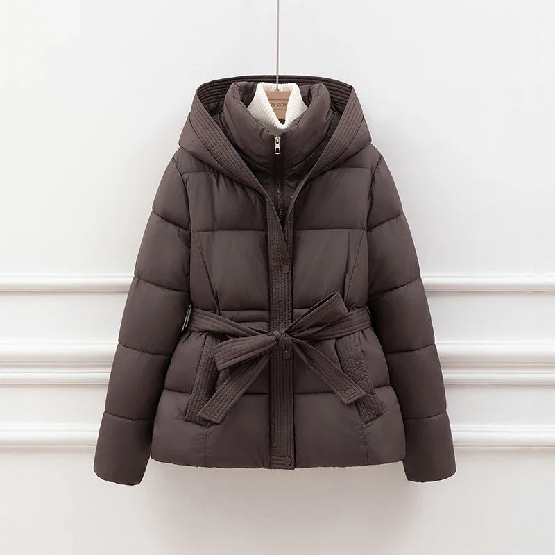Sherly Women's Down Jacket - Belted Quilted with Adjustable Hood