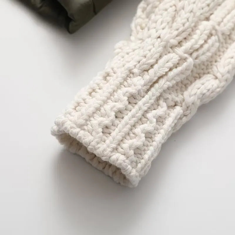 Adelina Quilted Patchwork Jacket – Textured Warmth with Cable-Knit Sleeves