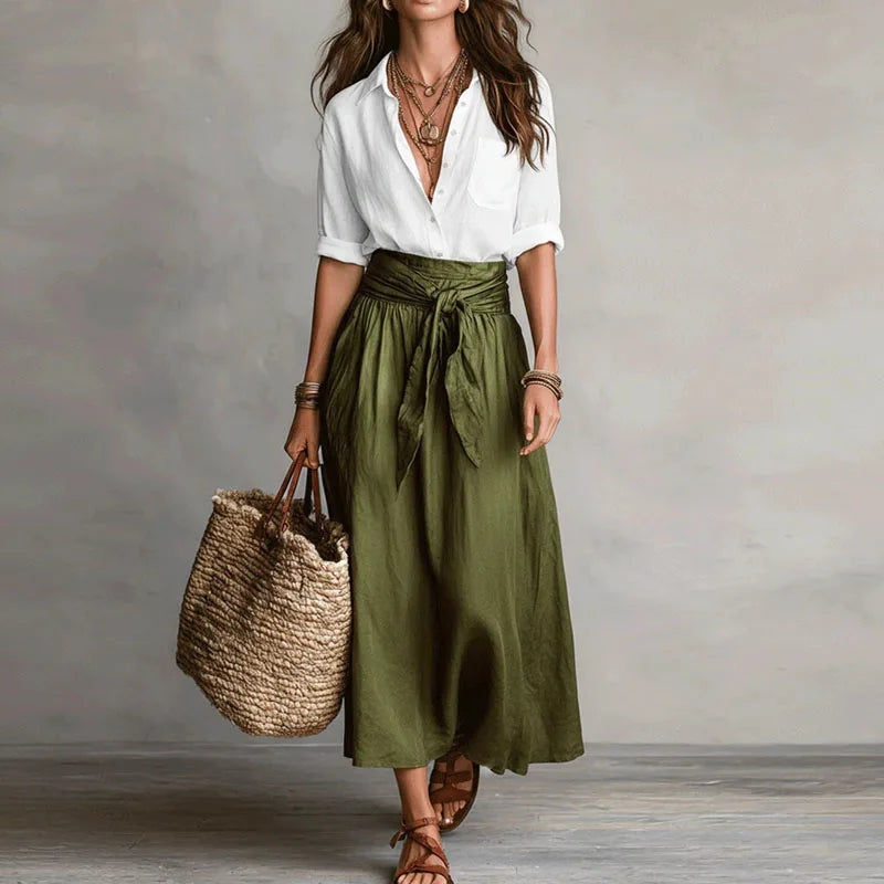 Adaline Linen Blend Two-Piece Skirt Set – Button-Down Top Tie-Waist Midi Ensemble