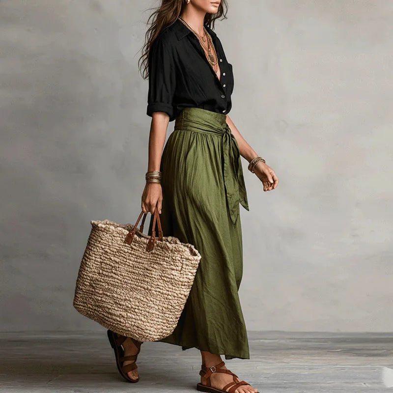 Adaline Linen Blend Two-Piece Skirt Set – Button-Down Top Tie-Waist Midi Ensemble