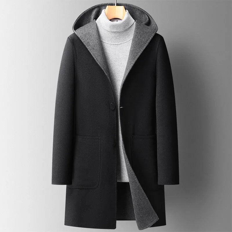 Rosario Men’s Wool Hooded Overcoat – Tailored Fit Wool Blend with Classic Mid-Thigh Length