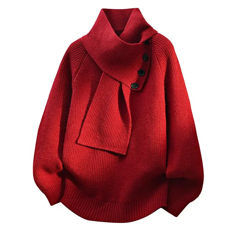 Malou Women’s Knit Sweater – Ribbed Scarf Neck with Button Detail