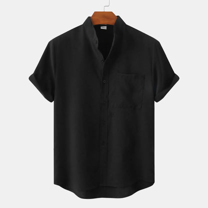Leonard Men’s Linen Shirt – Collarless Short Sleeve Button-Up for Summer