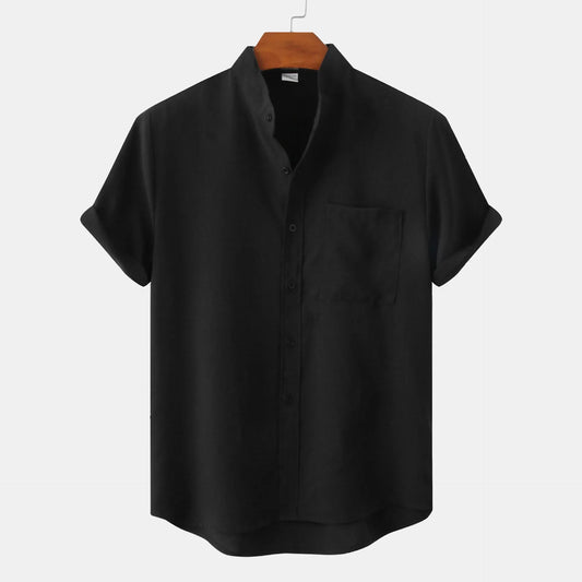 Leonard Men’s Linen Shirt – Collarless Short Sleeve Button-Up for Summer