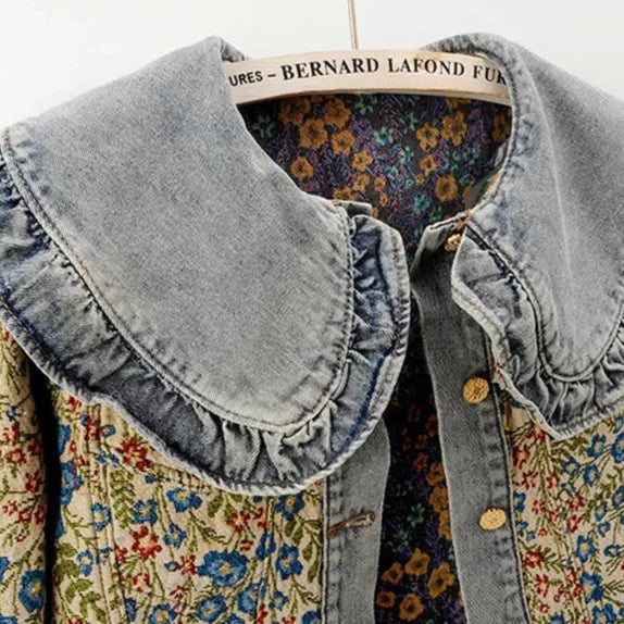Gian Women’s Denim Jacket – Floral Jacquard Lightweight Cropped Jacket