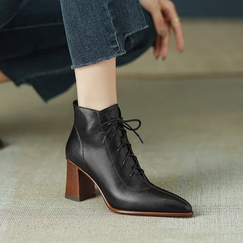 Trixy Women’s Leather Ankle Boots – Pointed Toe & Block Heel Design
