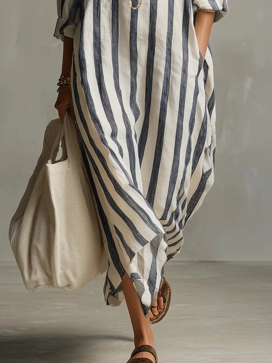 Cyrus Striped Linen Maxi Dress – Turn-Down Collar Loose Fit Rolled-Sleeve Summer Apparel