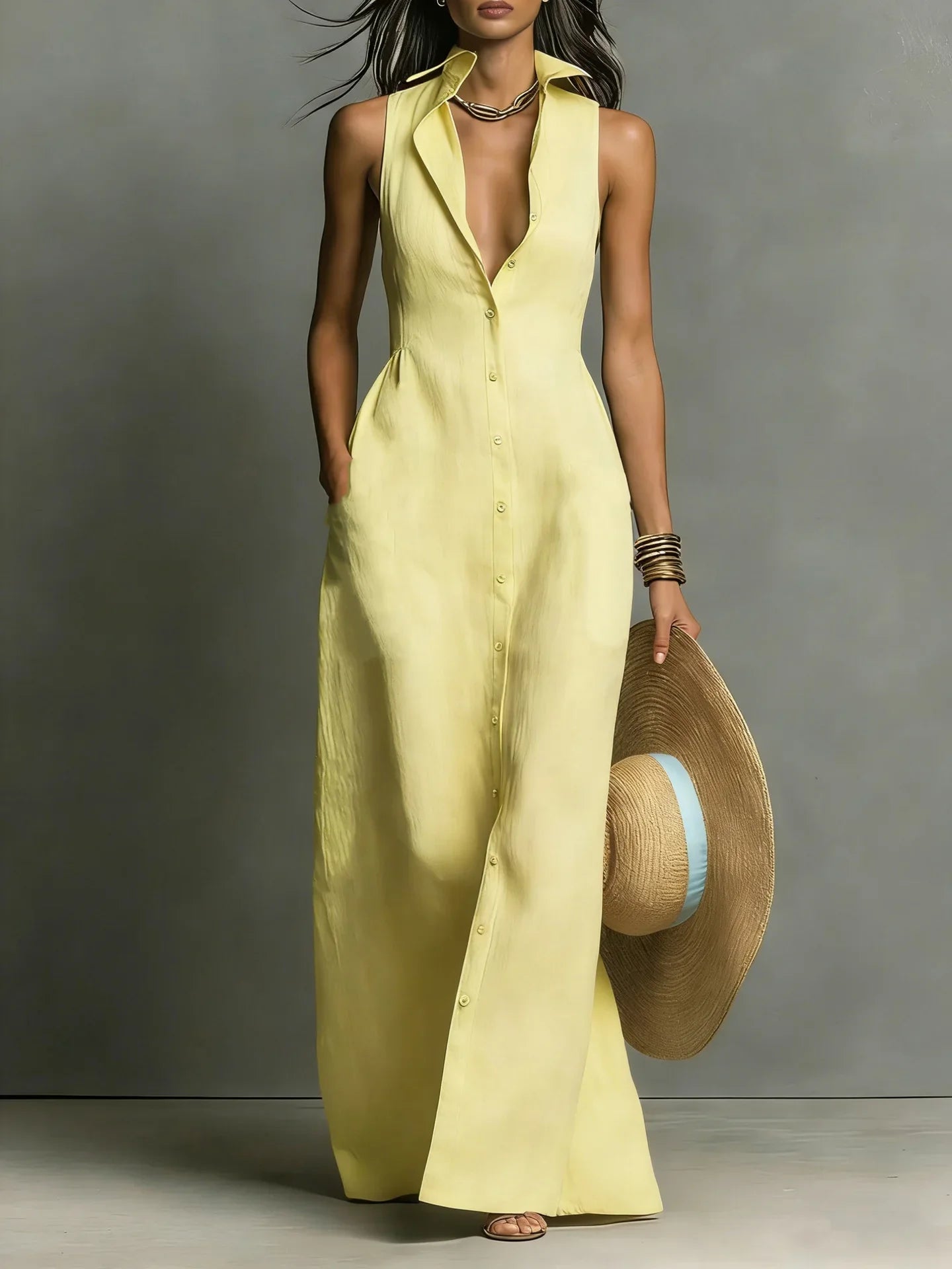Luna Linen Blend Shirt Maxi Dress – Turn-Down Collar Sleeveless Tailored-Waist Structure