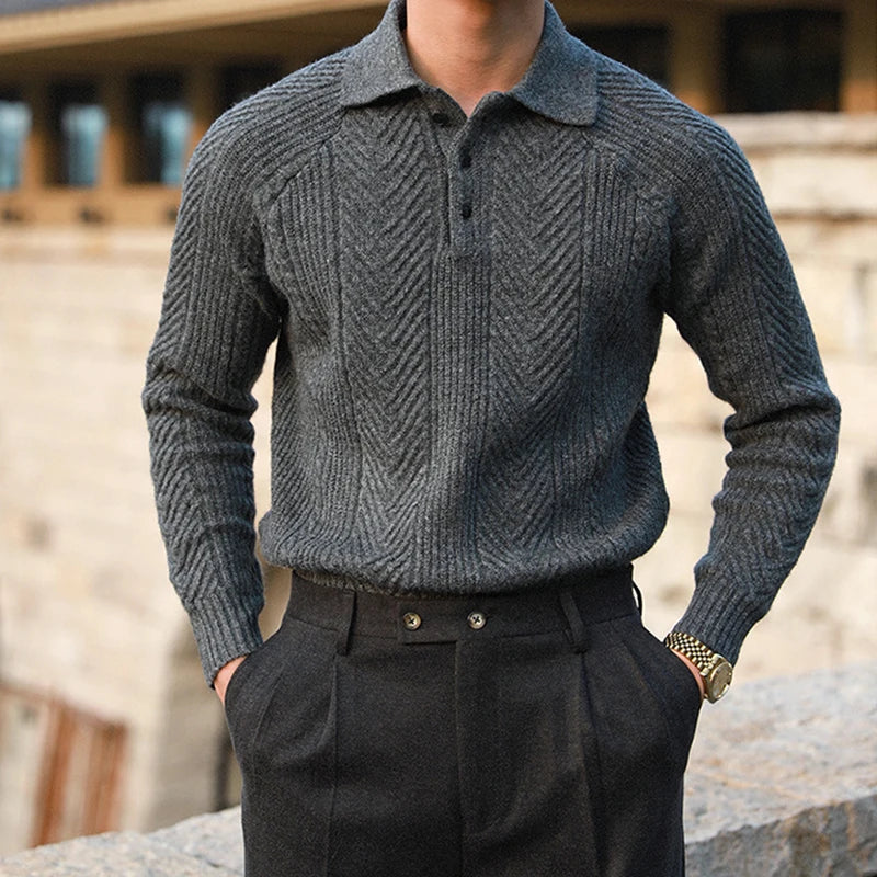 Cortona Men’s Polo Sweater – Textured Cable-Knit Sweater