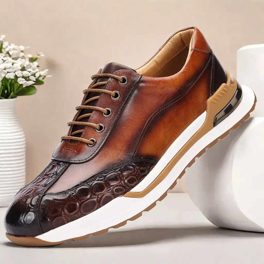 Louis Croc Embossed Leather Trainers – Genuine Cowhide Casual Shoes