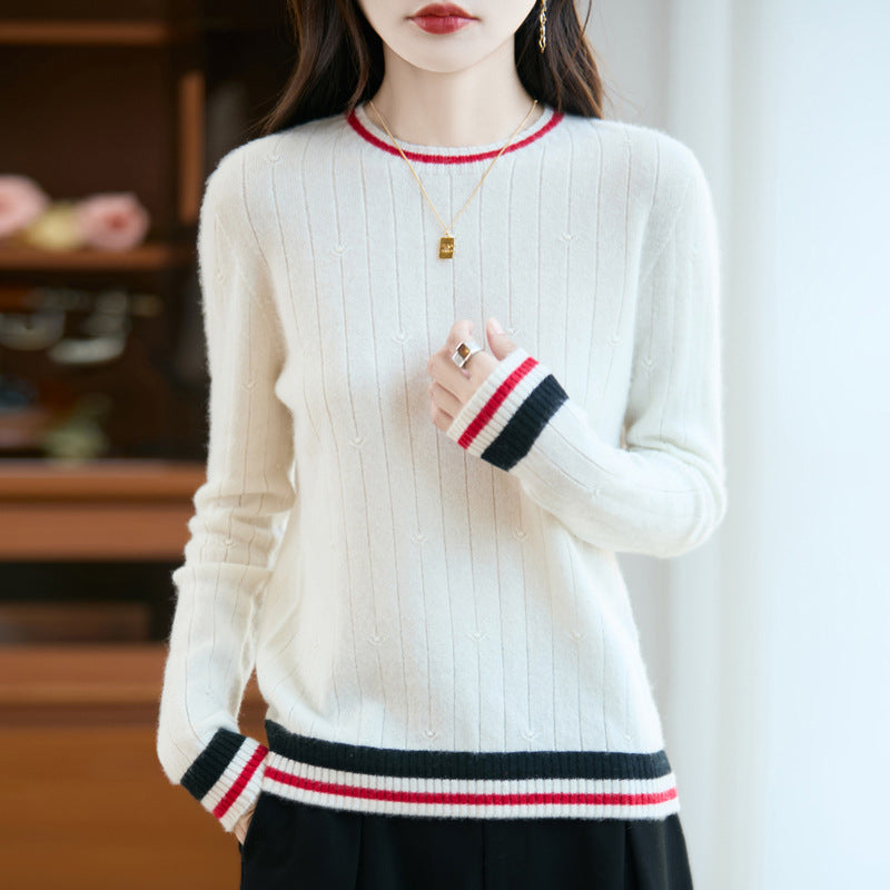 Shamcey Women's Knit Sweater – Fitted Crew Neck with Preppy Stripe Detail