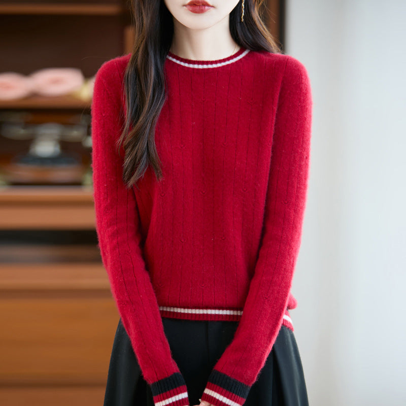 Shamcey Women's Knit Sweater – Fitted Crew Neck with Preppy Stripe Detail