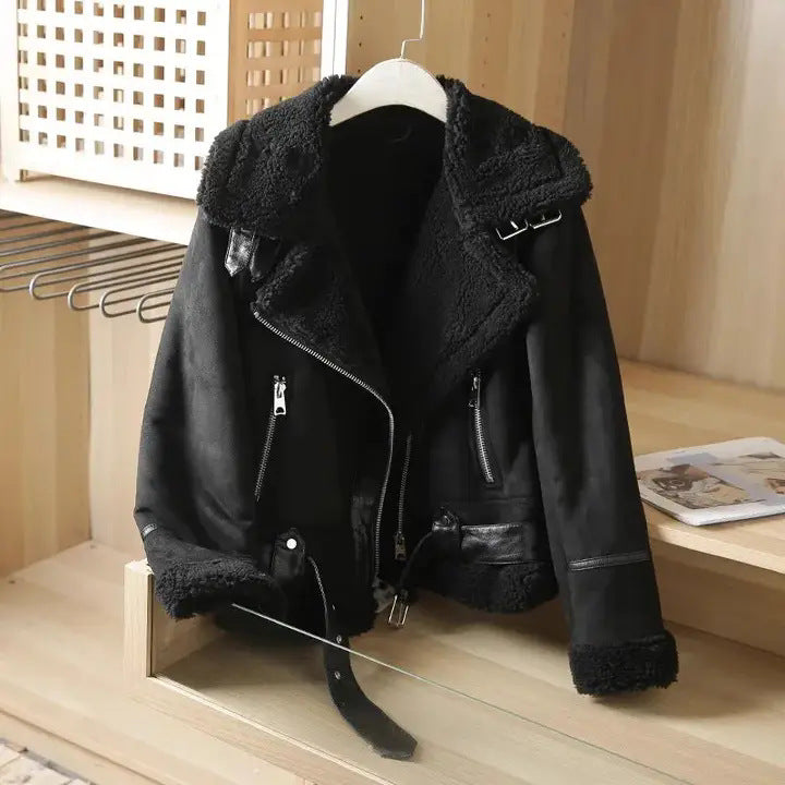 Corene Women’s Suede Jacket – Belted Waist Aviator Shearling Jacket