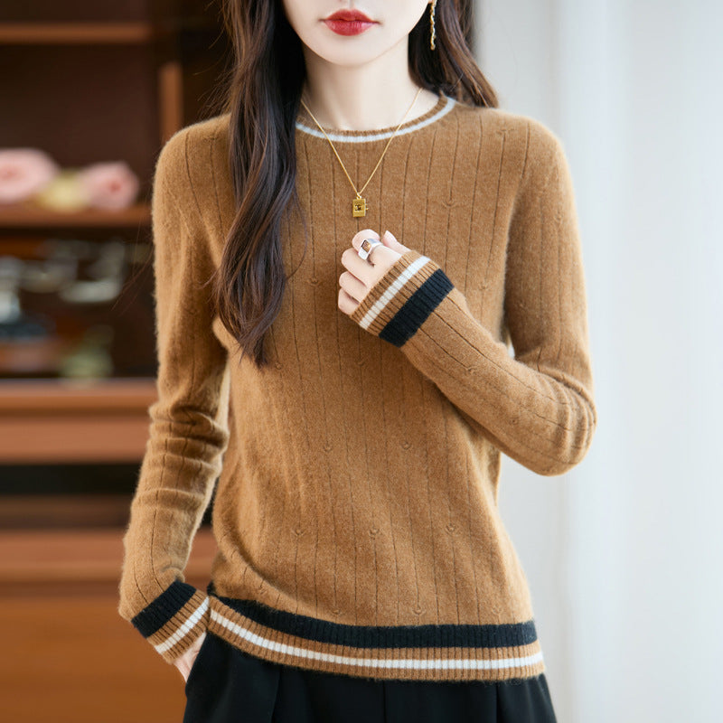 Shamcey Women's Knit Sweater – Fitted Crew Neck with Preppy Stripe Detail