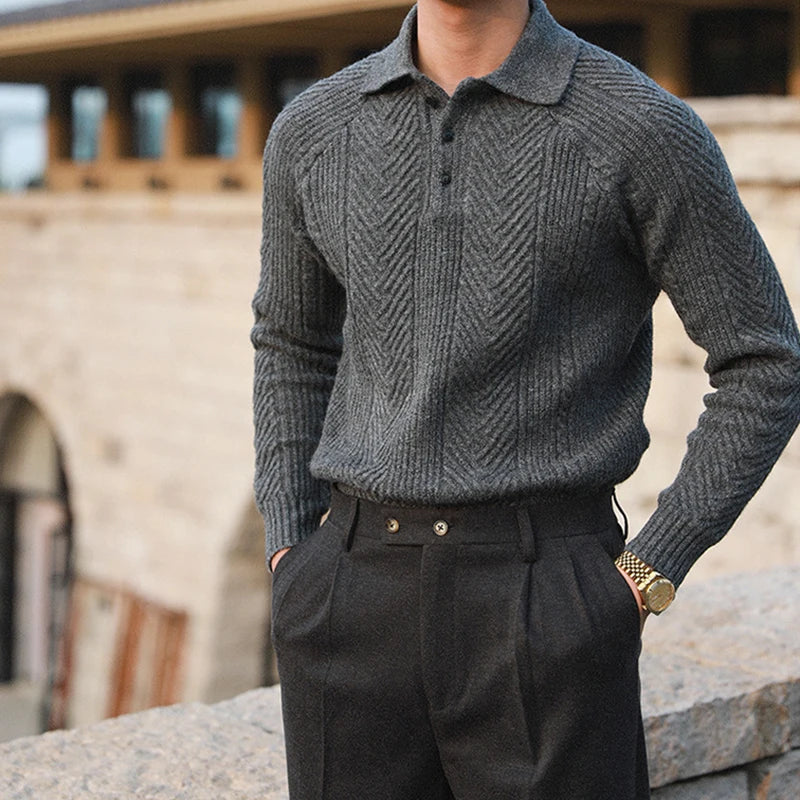 Cortona Men’s Polo Sweater – Textured Cable-Knit Sweater