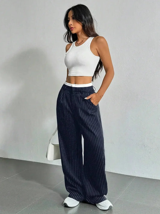 Clara Women’s Wide Leg Trousers – Pinstripe High Waist with Pleated Front
