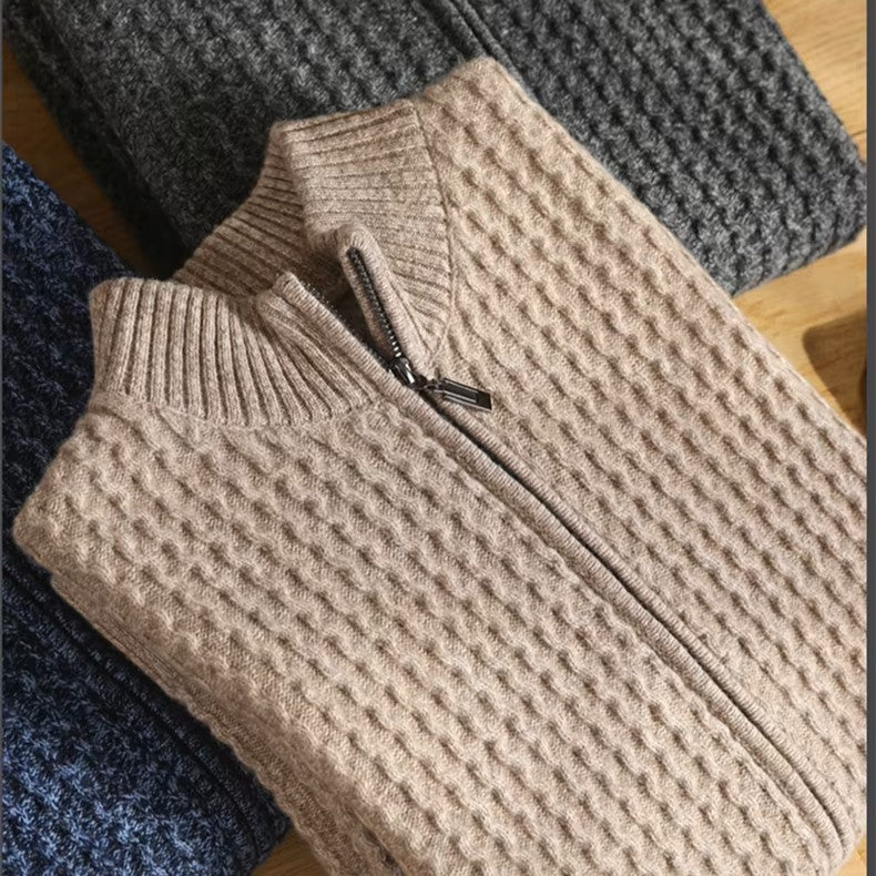 Mauricio Men’s Merino Wool Sweater – Full-Zip Waffle Knit Layer