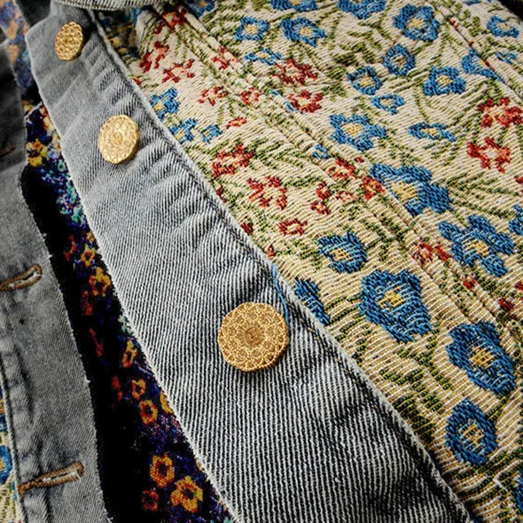 Gian Women’s Denim Jacket – Floral Jacquard Lightweight Cropped Jacket