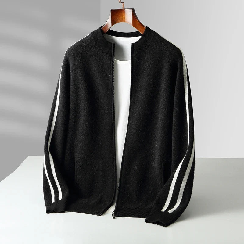 Rodrigo Men’s Wool Zip Cardigan – Wool Knit with Dual Stripe Detailing