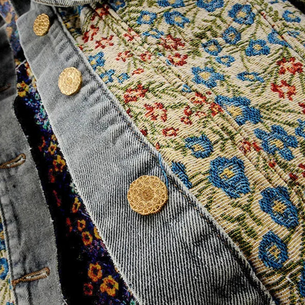 Gian Women’s Denim Jacket – Floral Jacquard Lightweight Cropped Jacket