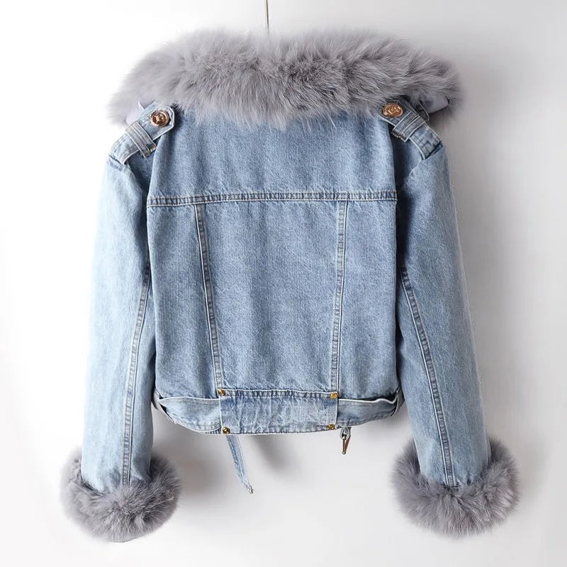 Jolene Fur-Lined Women's Denim Jacket – Cropped Coat with Removable Fox Fur Collar