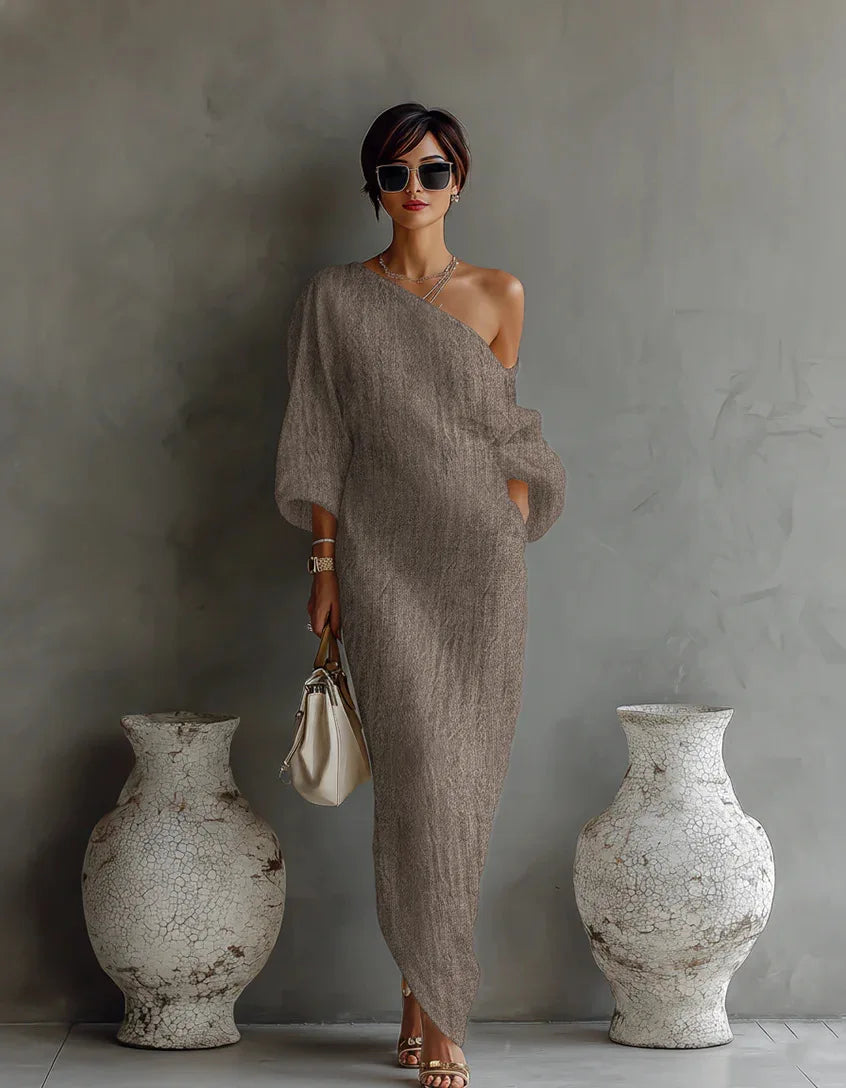 Madonna Textured Linen Maxi Dress – One-Shoulder Asymmetrical Hem Batwing Drape