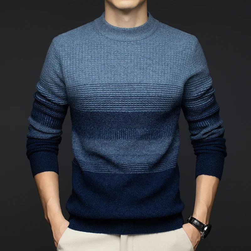 Alistair Men’s Wool Sweater – Gradient Stripe Crew Neck Sweater