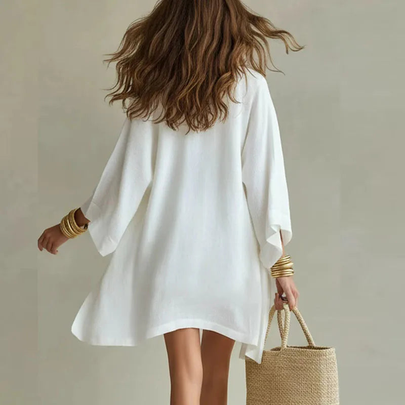 Liora Cotton Linen Three-Piece Set – V-Neck Drawstring Bottoms Relaxed Cardigan Summer Outfit