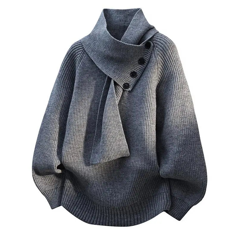 Malou Women’s Knit Sweater – Ribbed Scarf Neck with Button Detail