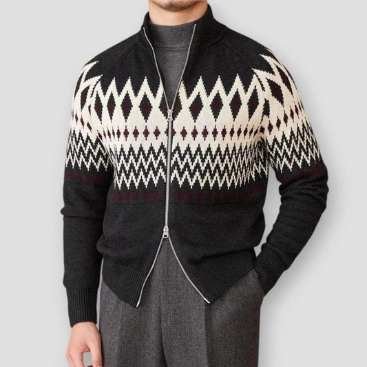 Oslo Men’s Cashmere Cardigan – Wool Blend with Geometric Knit & Regular Fit