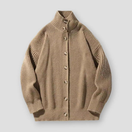 Harper High Collar Oversized Cardigan – Ribbed Knit with Button Closure for Winter Layering