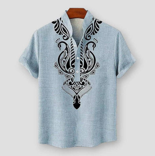 Tobby Men’s Linen Shirt – Short Sleeve Ethnic Print, Relaxed Summer Fit