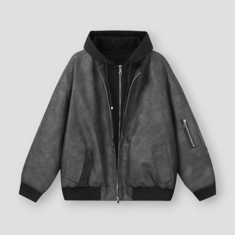 Liam Double Layer Men’s Jackets – Faux Leather Outer with Hooded Inner Layer