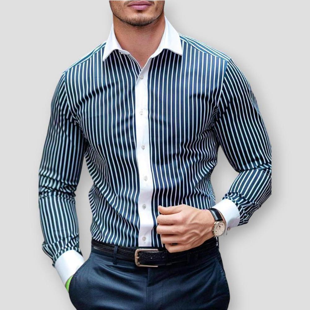 Damien Men’s Striped Long Sleeve Shirt – Bamboo Blend with Turn-Down Collar