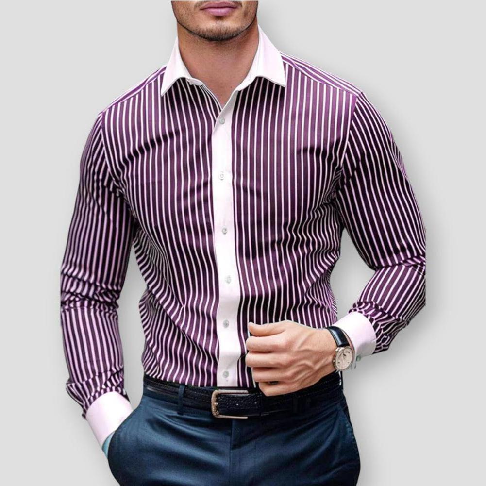 Damien Men’s Striped Long Sleeve Shirt – Bamboo Blend with Turn-Down Collar