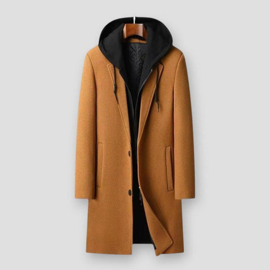 Marcus Men’s Wool Trench Coat – Hooded Long Overcoat for Winter Layering