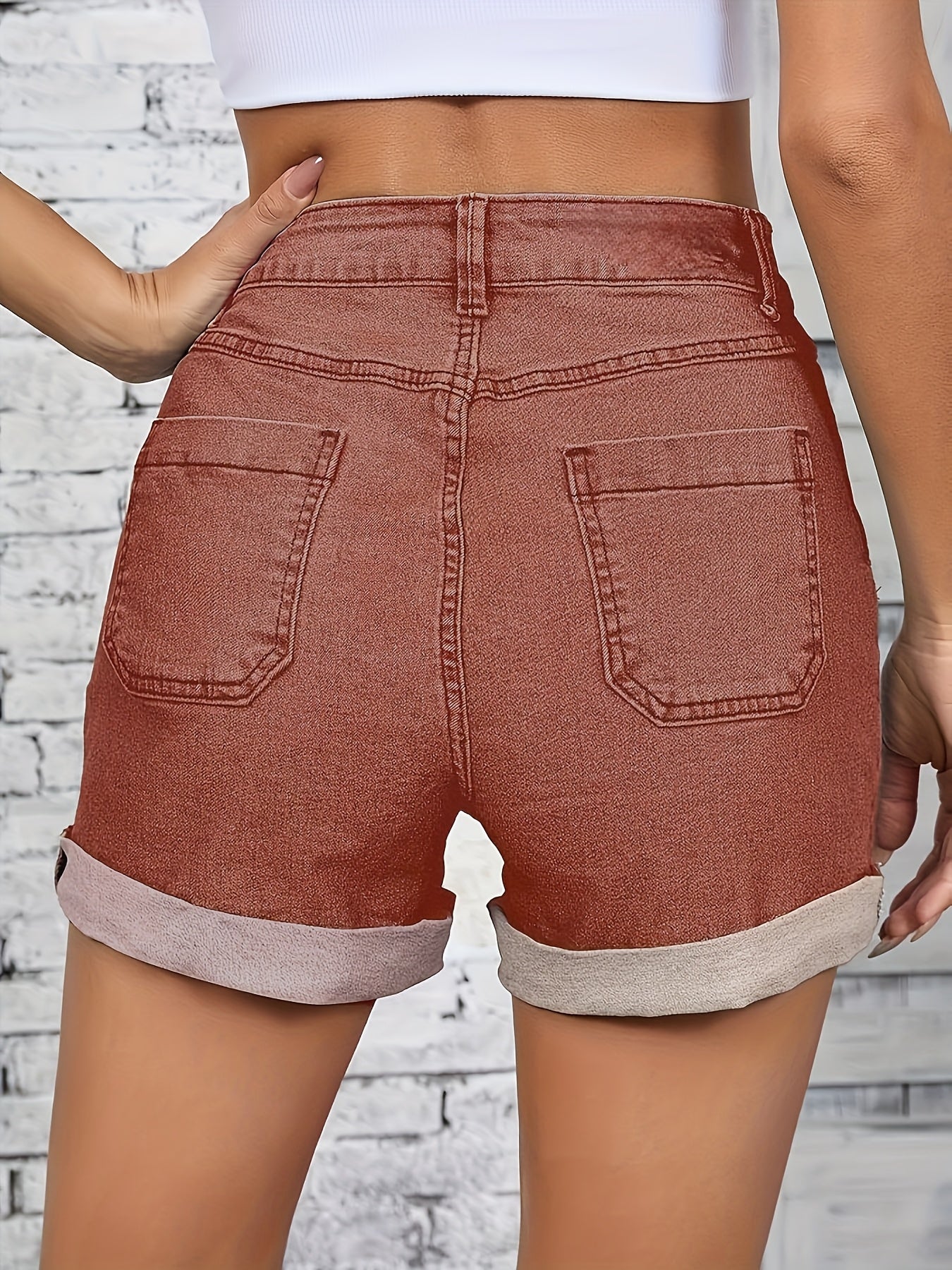 Camilla Stretch Denim High Waist Shorts – Rolled Cuff Casual Fit