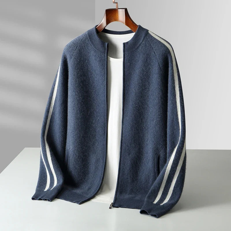 Rodrigo Men’s Wool Zip Cardigan – Wool Knit with Dual Stripe Detailing