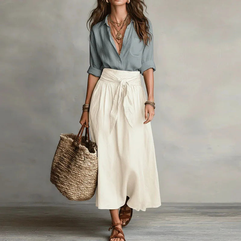 Adaline Linen Blend Two-Piece Skirt Set – Button-Down Top Tie-Waist Midi Ensemble