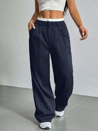 Clara Women’s Wide Leg Trousers – Pinstripe High Waist with Pleated Front