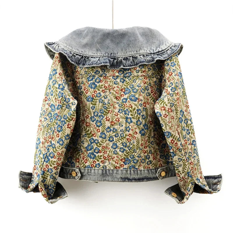 Gian Women’s Denim Jacket – Floral Jacquard Lightweight Cropped Jacket