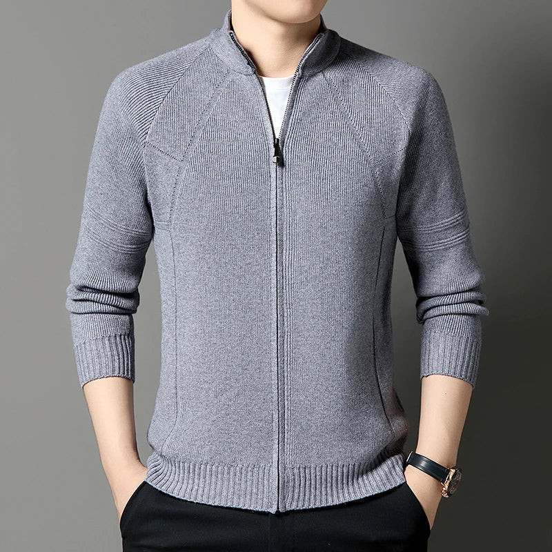 Erwan Men’s Knitted Jacket – Wool-Blend Stand-Up Collar Full-Zip Jacket