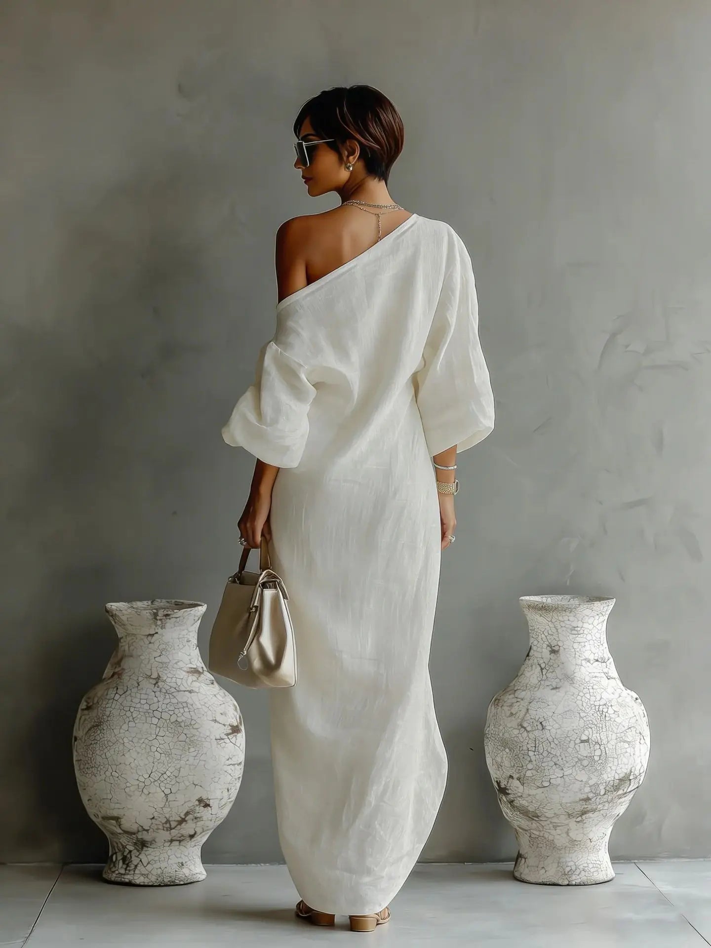 Madonna Textured Linen Maxi Dress – One-Shoulder Asymmetrical Hem Batwing Drape