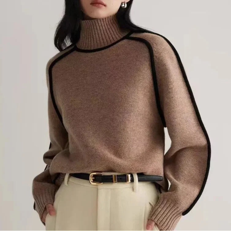 Niana Turtleneck Sweater – Contrast Stitch Knit with Relaxed Fit