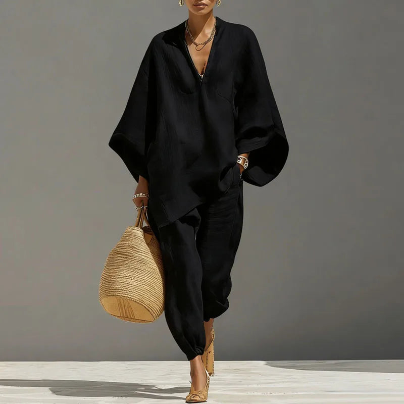 Aiza Linen Two-Piece Matching Set – V-Neck Batwing Sleeve Relaxed-Fit Tapered Suit