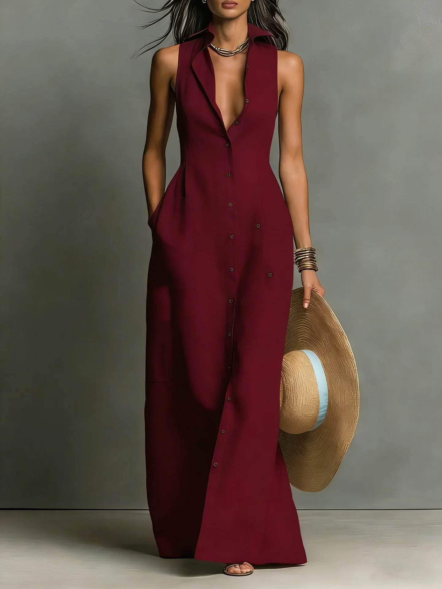 Luna Linen Blend Shirt Maxi Dress – Turn-Down Collar Sleeveless Tailored-Waist Structure