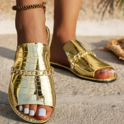 Florence Women’s Slip On Sandals – PU Chain Detail Flats for Summer & Beach Wear