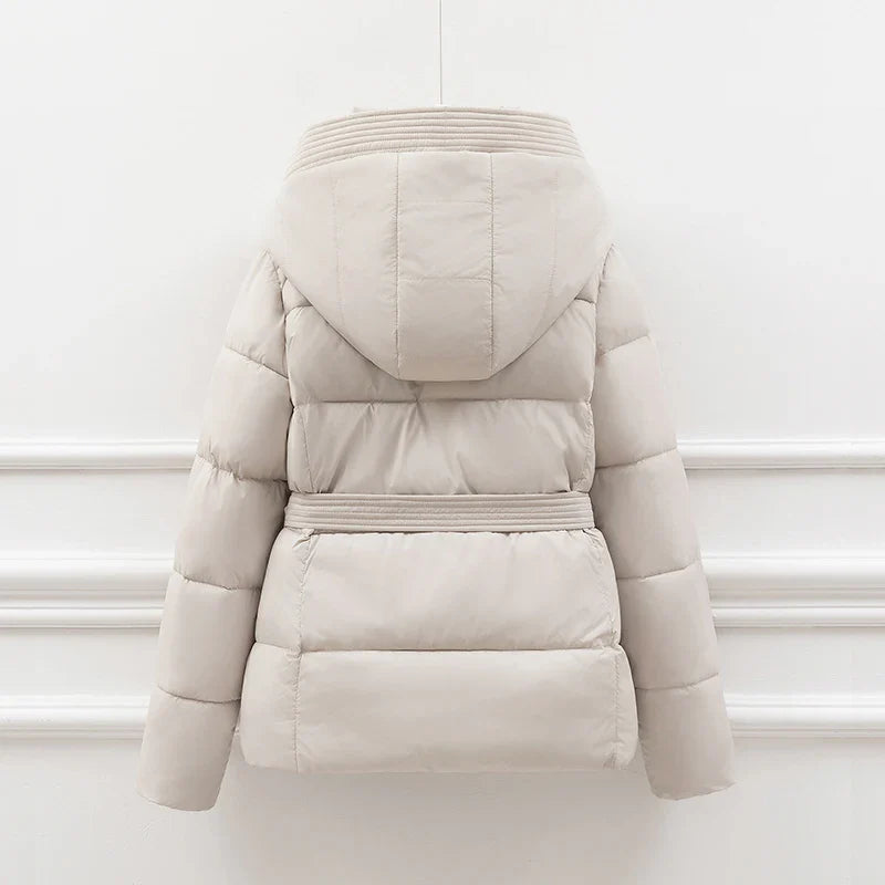 Sherly Women's Down Jacket - Belted Quilted with Adjustable Hood